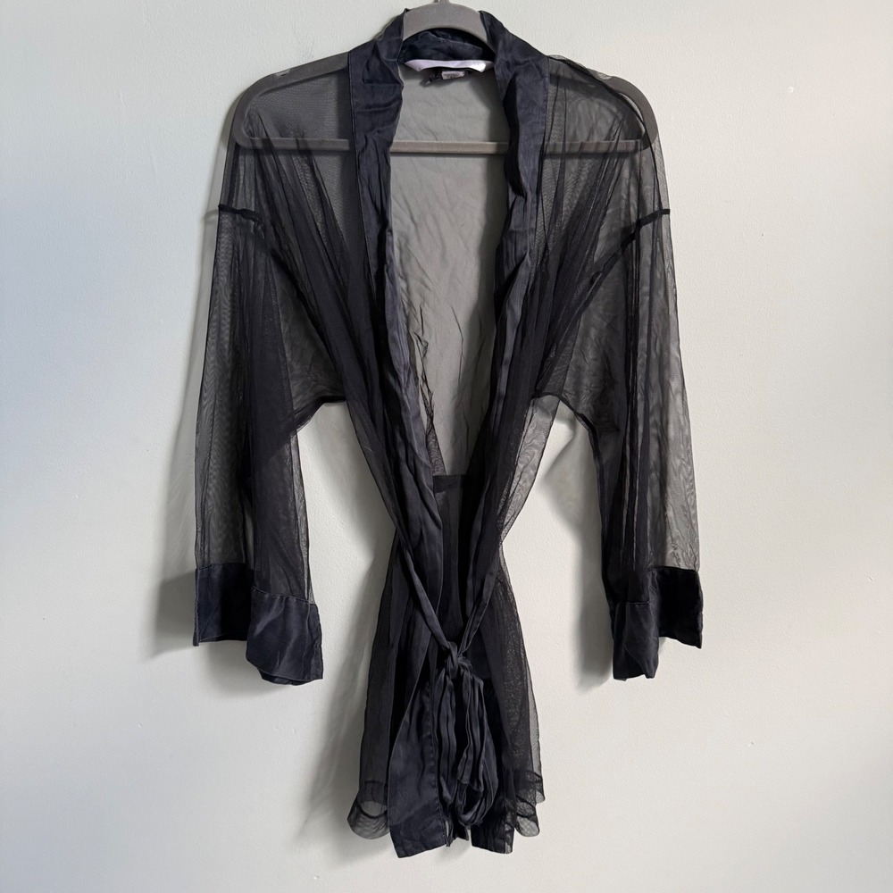 Vintage Victoria's Secret Mesh Silk Trim Robe Black Y2K Sheer One Size